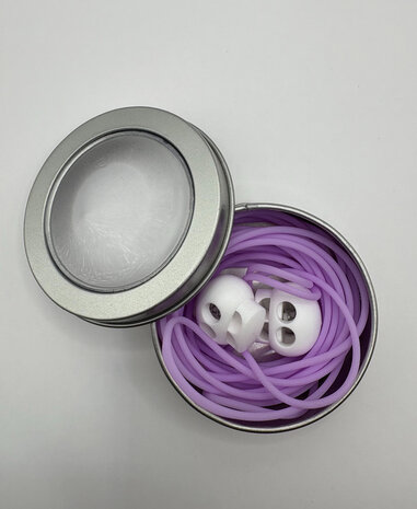 Knitting cord in metal tin with stoppers