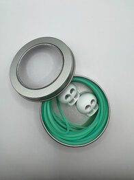 Knitting cord in metal tin with stoppers